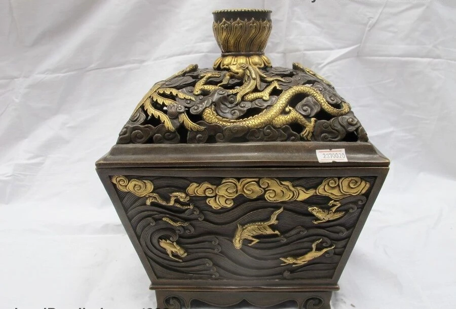 

China Pure Bronze 24K Gold Dynasty Dragon Phoenix Kylin incense burner Censer