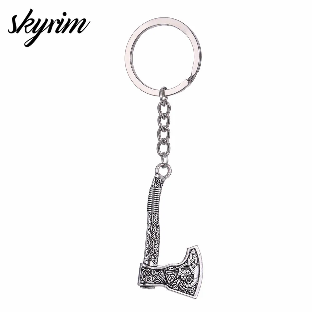 Skyrim Vintage 3D Slavic Axe Perun\'s Charm Key Chain Symbol of Norse Amulet Valknut Celtics Knot Men\'s Keychain Gift