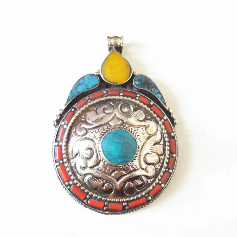 Tibetan Jewelry Nepal Vintage Pendant Copper Inlay Colorful Stone Pendants TBP465