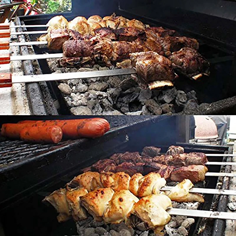 2/5/10pcs 23.5in 60cm Stainless steel Kabob Skewer Wide Large Wood Handle BBQ Skewers set Brazilian Heavy Duty Grill Fork Tools