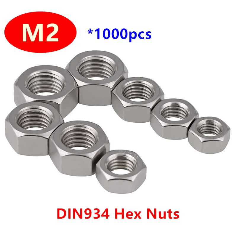 

1000pcs Metric thread DIN934 M2 Hex Nuts 304 Stainless steel A2-70 Hexagon Nuts