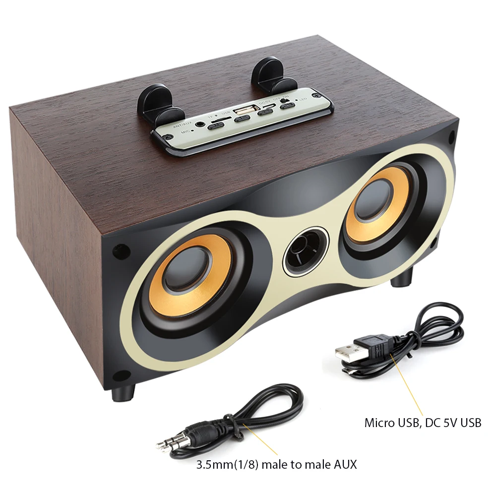 Top de madeira sem fio bluetooth alto-falante subwoofer stero desktop alto-falantes suporte rádio fm aux u-disk mp3 caixa de som com microfone