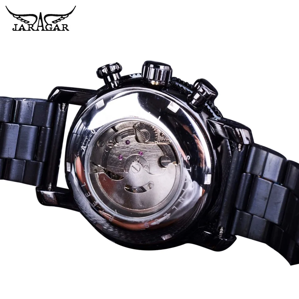 Jaragar Fashion Three Small Dial Date Week Hour Display Black Bracelet Men\'s Automatic Watches Luminous Hands Military Clock