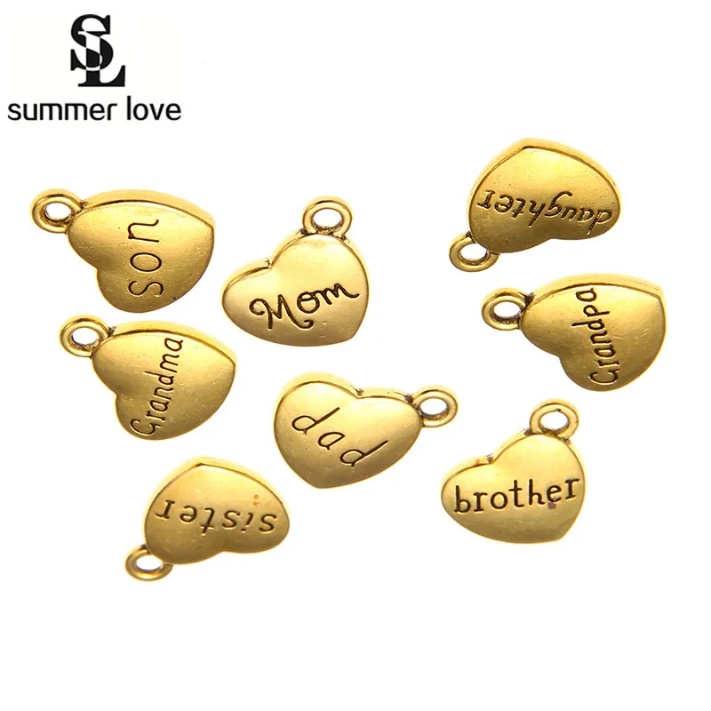 Alloy Mom Charms Pendant Engraved Daughter Son Brother Sister Dad Vintage Peach Heart Charm For DIY Family Jewelry Making 10Pcs