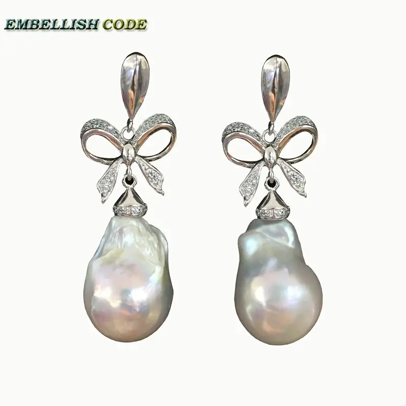 baroque pearls Bowknot style noble dangle earrings white color flame ball tissue nucleated freshwater pearl for women