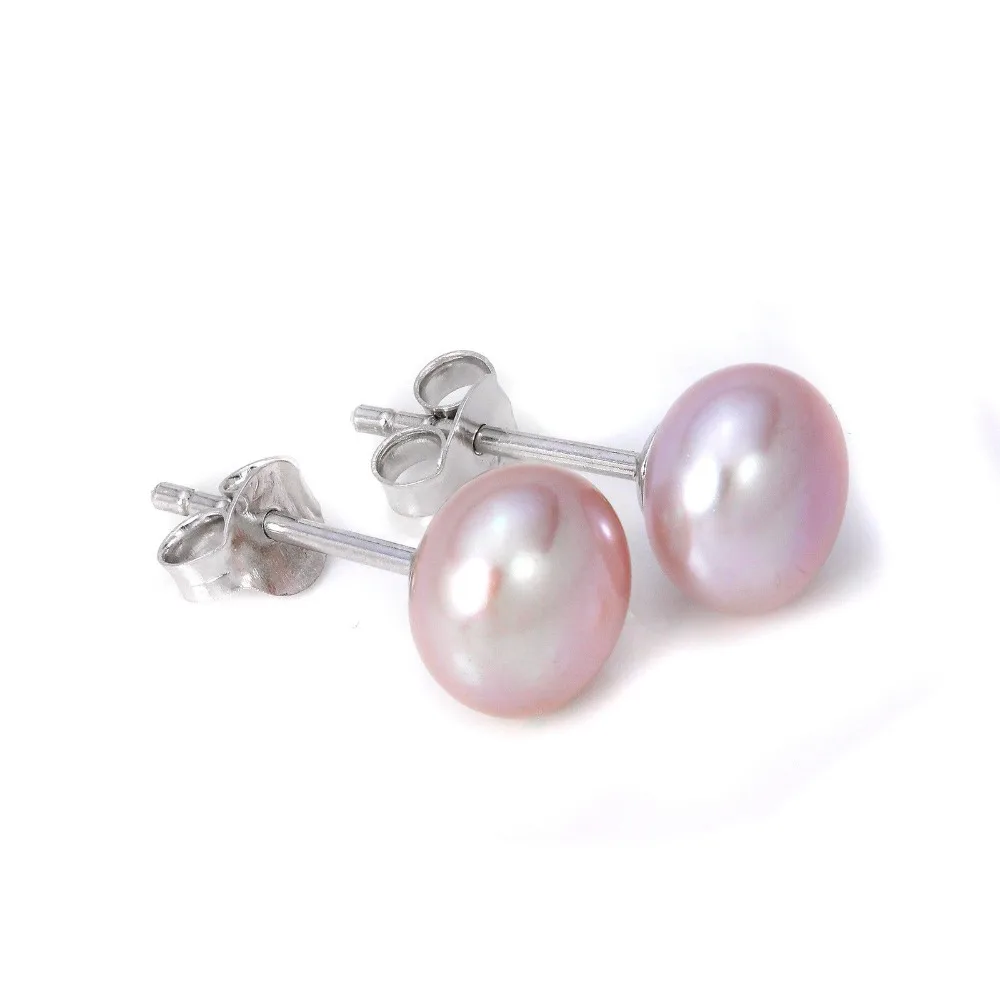 hot 925 Sterling Silver 8-8.5mm Real Freshwater Pearl white Grey Black purple Natural stud Earrings for 1 pair