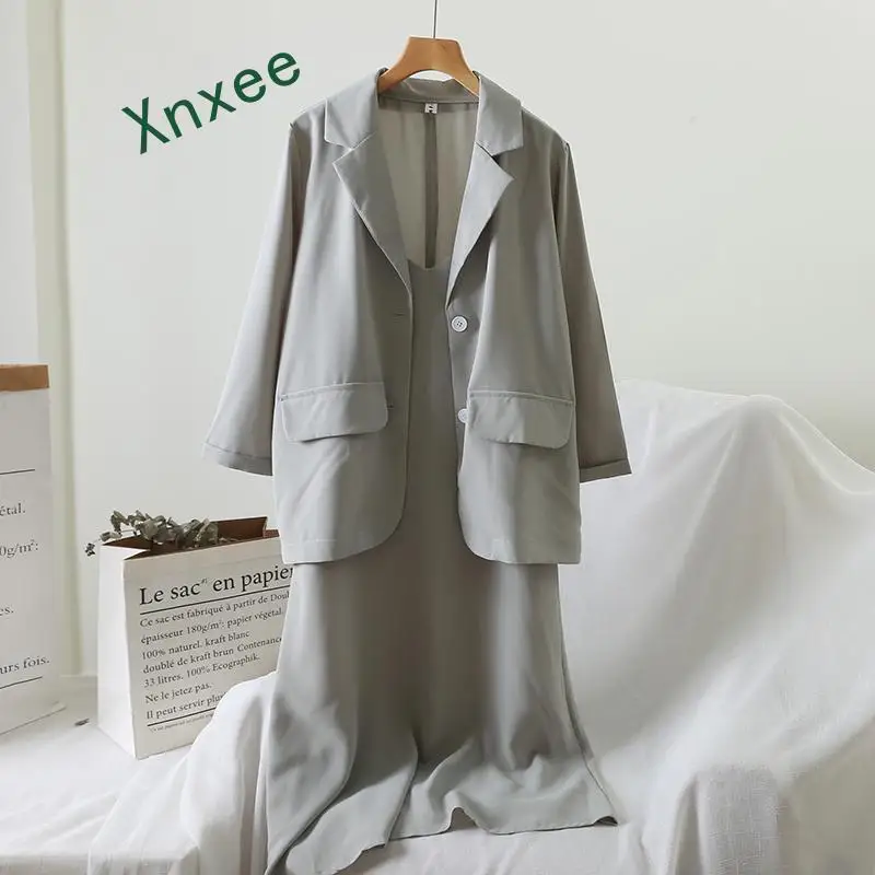 

Xnxee 2019 summer women new high quality fashion popular set temperament loose chiffon suit coat + suspender dress set two-piece