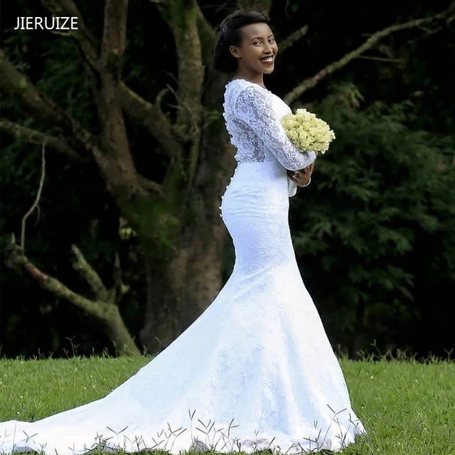 Simple White Wedding Dress Long Sleeve | Lace Wedding Dress Sleeves Mermaid  - White - Aliexpress