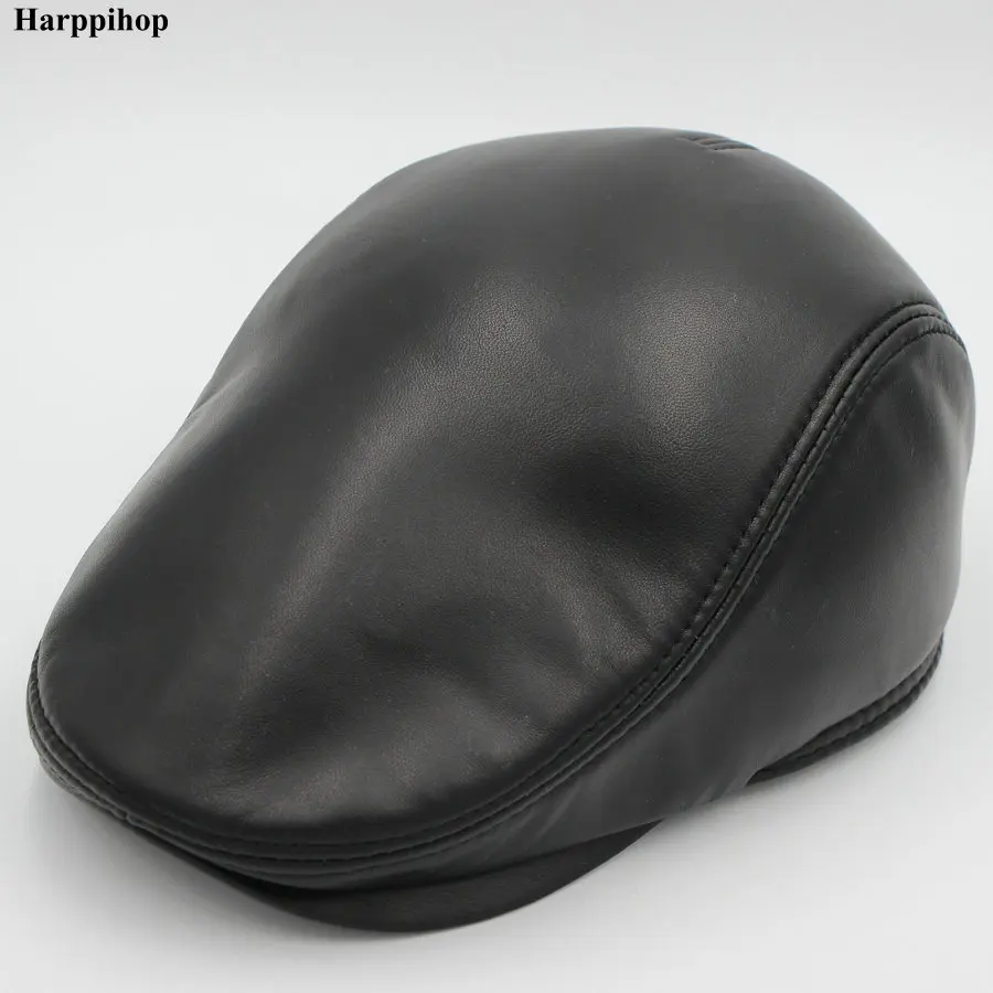 Fashion European Style Genuine Leather Caps Beret Man Casual Sheepskin leather Black/Brown Fitted Duckbill Hats Male Boina