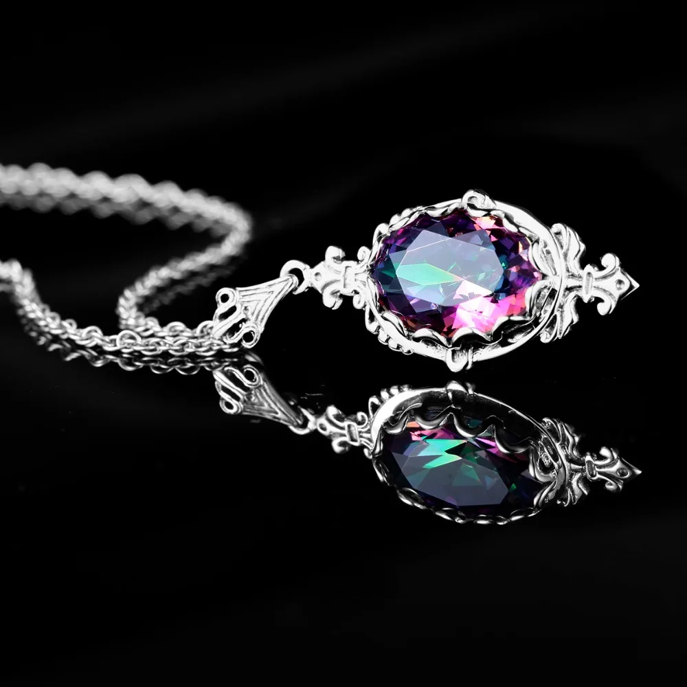 Fashion Pendant Women Handmade Mystic Rainbow Lab Topaz Stone Bohemia 925 Sterling Silver Necklace Pendant Party Vintage Jewelry