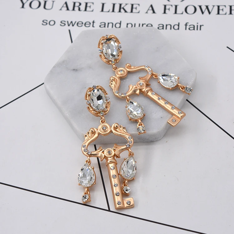 fashion key pendant earrings for women rhinestone drop earring gold color baroque retro Bride Wedding  jewelry