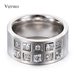 Women Wedding Band 10mm Polished stainless steel Ring with Zircon Stones