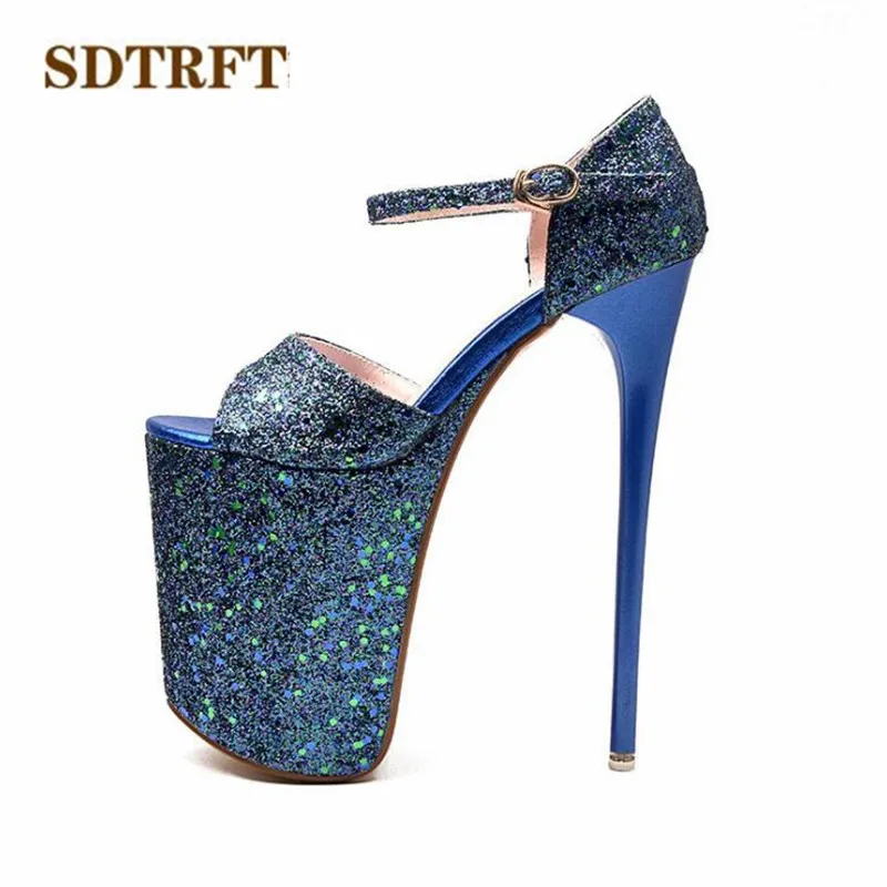 SDTRFT Sequins shoes woman Plus:34-42 43 Summer ladies platforms Pumps Sexy 20cm thin Heels Narrow Band dress Sandals US14 15 16