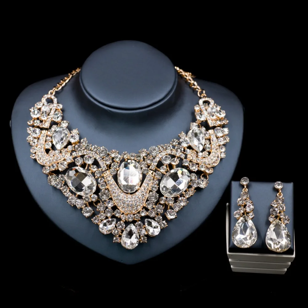 Lan palace costume jewelry necklace sets gold color dubai Rhinestone necklace and earrings for wedding six colors free shipping