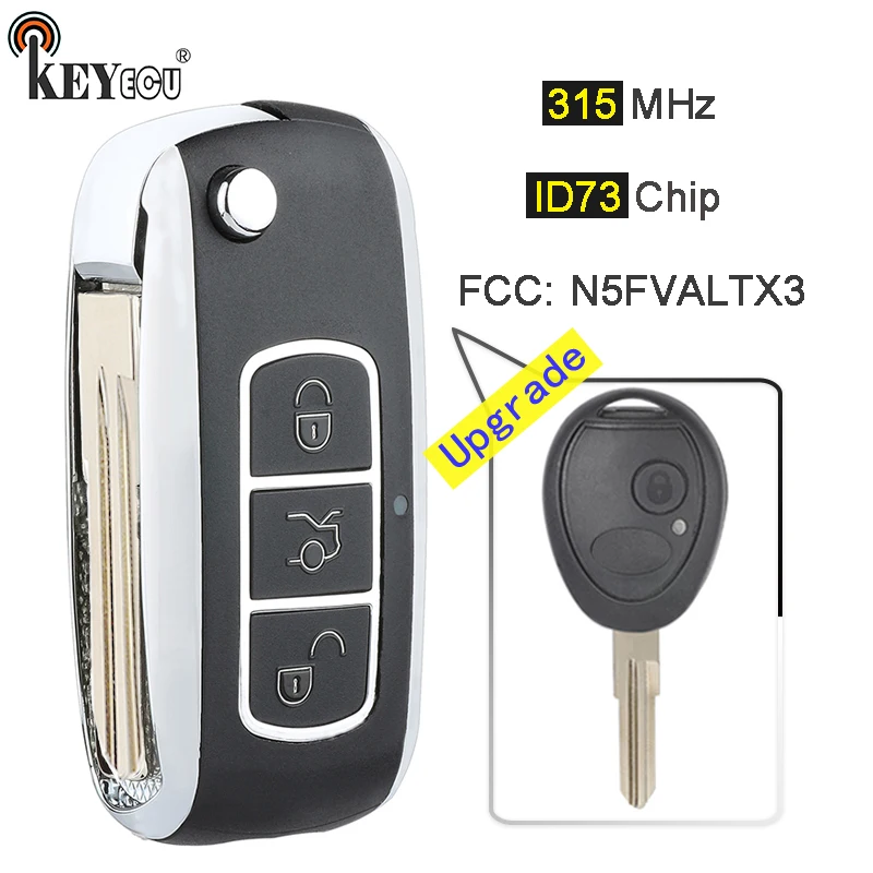 KEYECU 315MHz ID73 Chip FCC: n5FVALTX3 Upgrade Flip Lipat 3 Tombol Remote Kunci Fob kunci untuk Land Rover Discovery 1999-2004