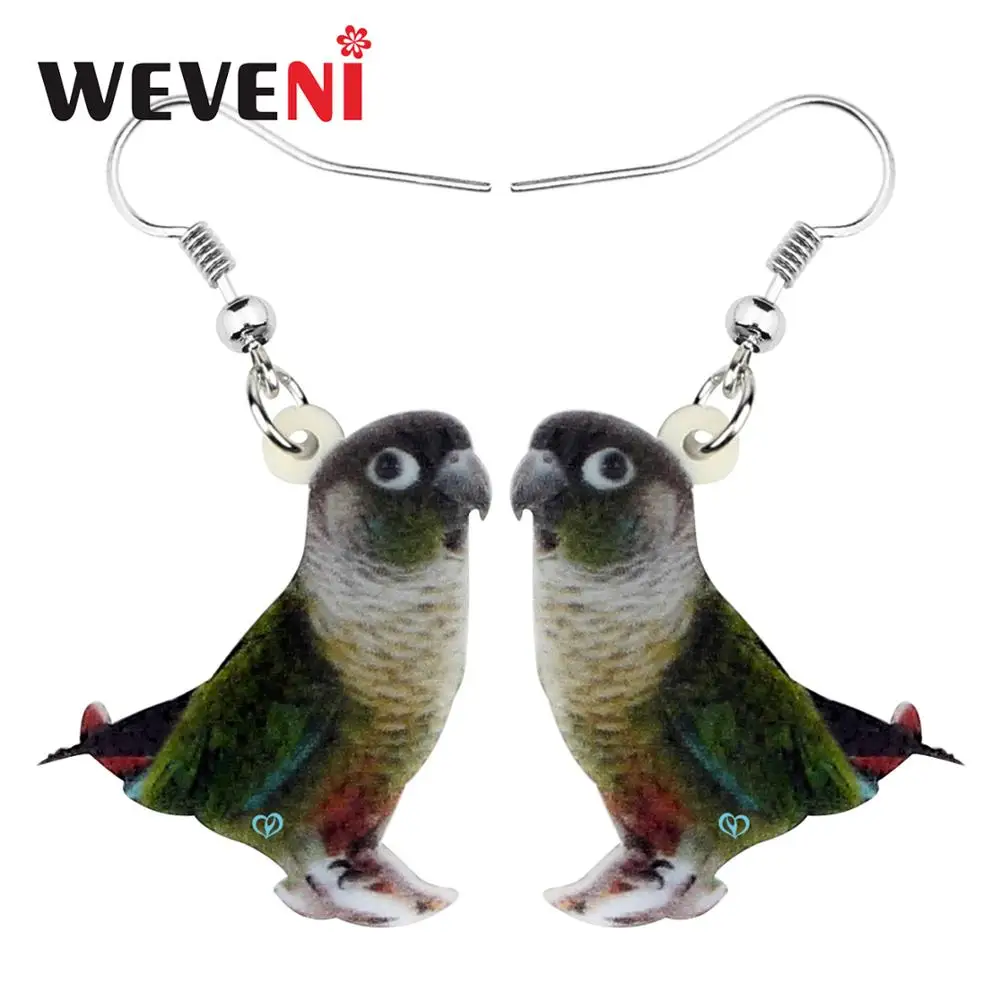 WEVENI بيان الاكريليك الأخضر-الخد Conure الببغاء الطيور انخفاض الأقراط استرخى شخصية مجوهرات للنساء بنات هدية الديكور