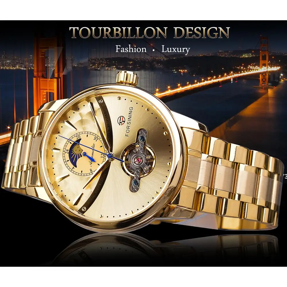 Forsining Automatic Self-Wind Male Watch Golden Dial Stainless Steel Casual Moonphase Gold Mechanical Tourbillon Men Clock Reloj