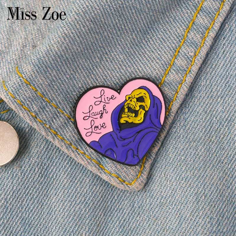 Live Laugh Love enamel pin Heart shape Skeleton Badge Brooch Lapel pin for Denim Jeans shirt bag Gothic Jewelry Gift for friend