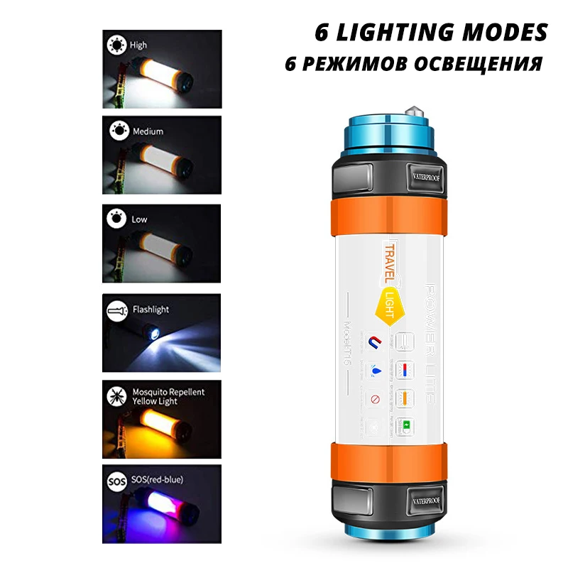 Multifunctional Rechargeable LED Flashlight Camping Lantern 7800mAH Tent Light Lamp Work Fishing Warning Light IP68 waterproof