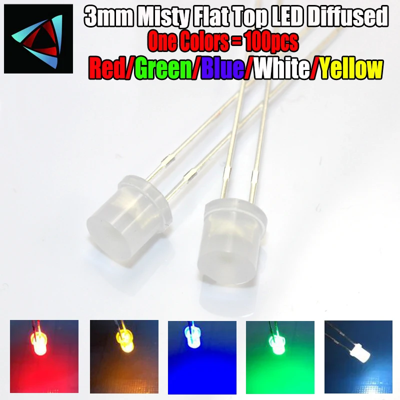 100pcs 3mm 2pins Misty Flat Top LED Diffused White Red Yellow Blue Green Wide Angle light emitting diode lamp