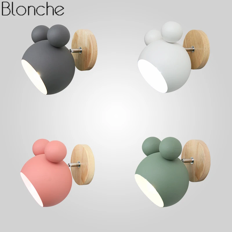 

Nordic Mickey Wall Lamp Bedroom Bedside Sconce Modern Lovely Wood Wall Light Fixtures Children's Room Study Luminaire Home Decor