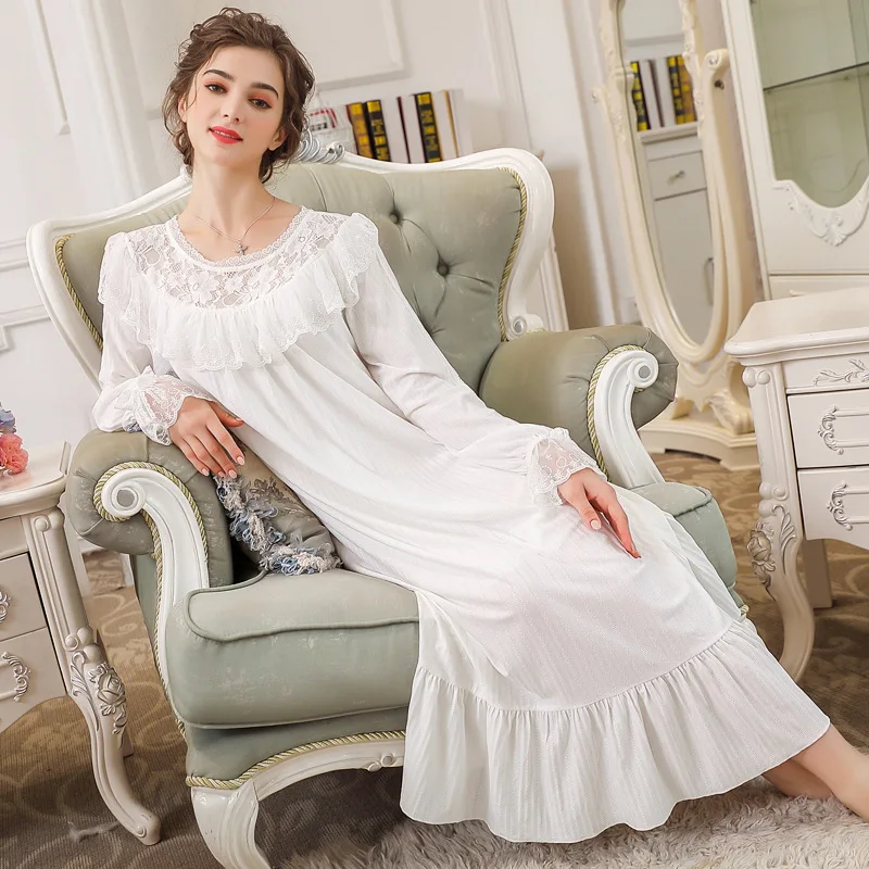 

Nightgown Long-sleeved Cotton Nightdress Woman Spring Autumn Long Dress Female Retro Sweet Princess Homewear Loose Wear H5544