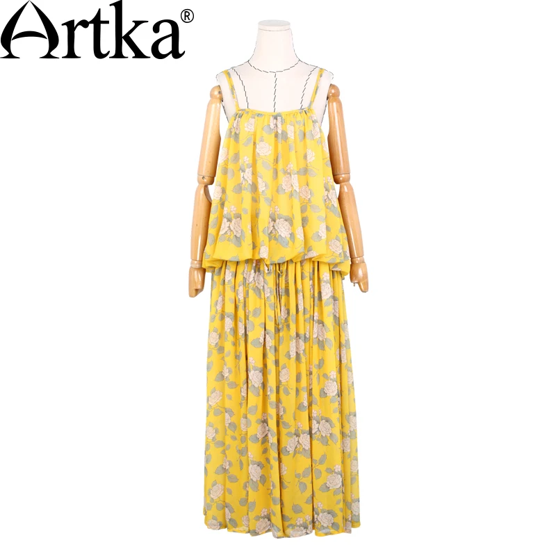 ARTKA Women\'s New Summer Vintage Print Sleeveless Off the Shoulder Strapless Floor-Length Chiffon Dress LA15068X