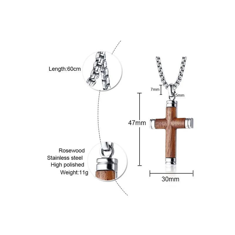 Vintage Necklace For Men Punk Rock Rosewood Crucifix Cross Pendant Stainless Steel Chains Male Collares Collier Gifts 24