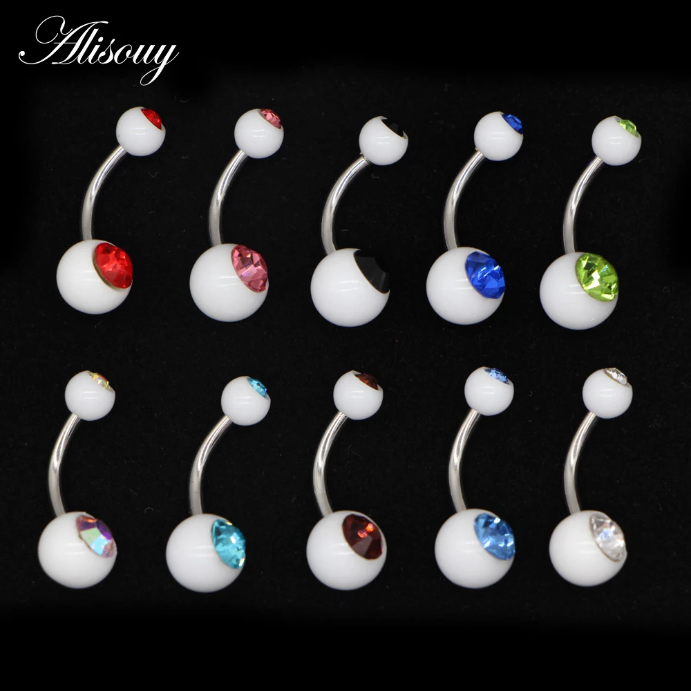 Alisouy 1pc Belly Button Rings Crystal Acrylic Surgical Stainless Steel Body Jewelry Belly Ring Sexy Real Navel Piercing Ombligo