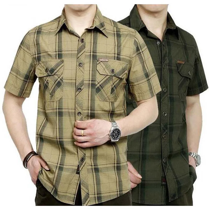 Camisa corta de algodón puro para hombre, camisa holgada de manga corta a cuadros, color caqui, talla grande M-5XL, Verano