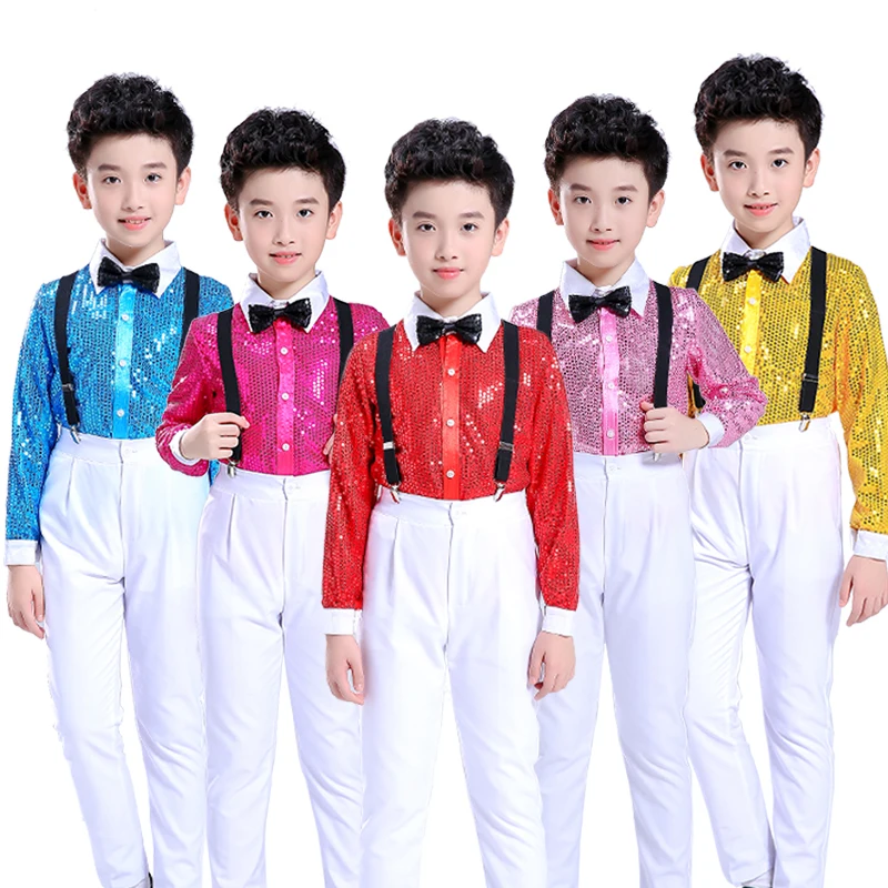 Boys Hip Hop Costume Children Colourful Jazz Sequin Shirts Suit Stage Outfits Kids Street Dancing Performance Wear DNV10646