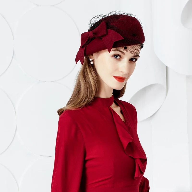 

New Fashion Wool Hat Women Vintage Red Ladies Wool Felt Winter Fascinator Pillbox Hats Fedoras with Bow Church Hats B-7437