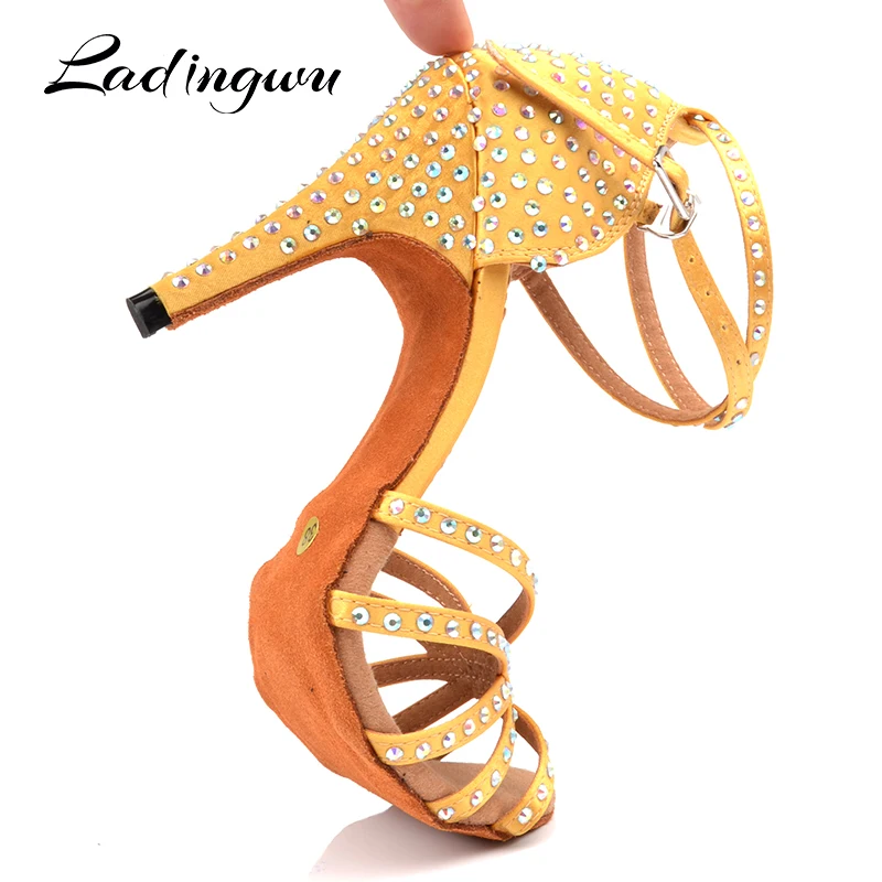 Ladingwu Classic Rhinestone Latin Dance Shoes Champagne Yellow Stain Salsa Ladies Dance Shoes Indoor Ballroom Soft Bottom Shoes