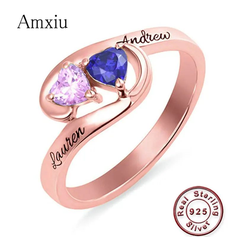 Amxiu Customize Name Ring 925 Sterling Silver Wedding Rings with Two Names Cubic Zircon Jewelry Personalized Ring Accessories