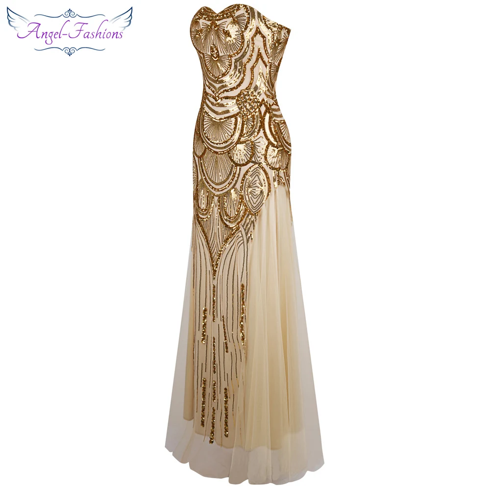 Angel-fashions Strapless Sequined A-line Tulle Lace up Long Evening Dresses vestidos de noche Golden Silver 186