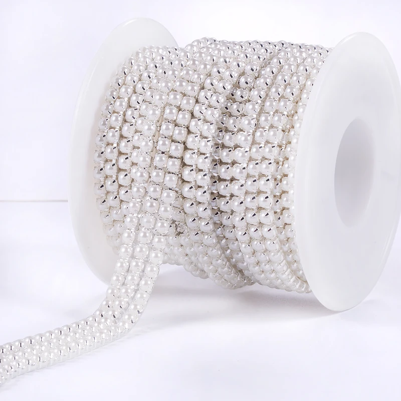 New Arrivals 10yards/roll ABS Pearl Chain SS6 SS12 (2mm-3mm) Silver Base Cup Pearl Chain Apparel Sewing diy Beauty Accessories