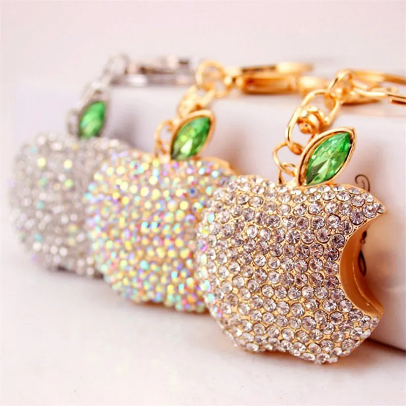 Creative Full Rhinestone Apple Keychains Fashion Key Chain Car Keyrings Pendant Alloy Key Ring Bag Charm Souvenir Gifts