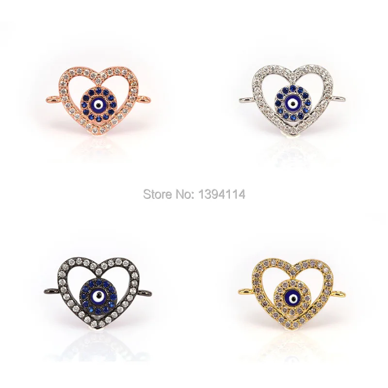 19*13*3mm Micro Pave Clear&Blue CZ Heart Of Round Enamelling Blue Eye Connector For Women As DIY Bracelets Accessory