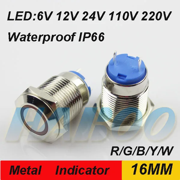 10pcs/lot 16mm anti-vandal LED indicator lights waterproof IP66 IK08 indicator light 6v 12v 24v 110v 220v