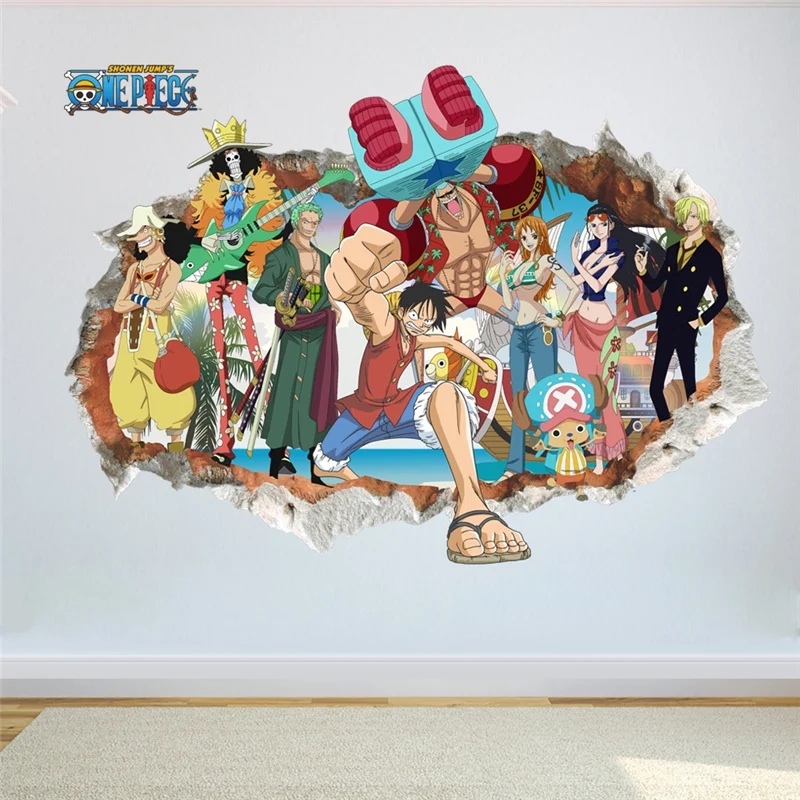 Cartoon One Piece Roles Broken Hole 3d Wall Stickers For Kids Room Home Decoration Anime Mural Art Diy Boys Wall Decals