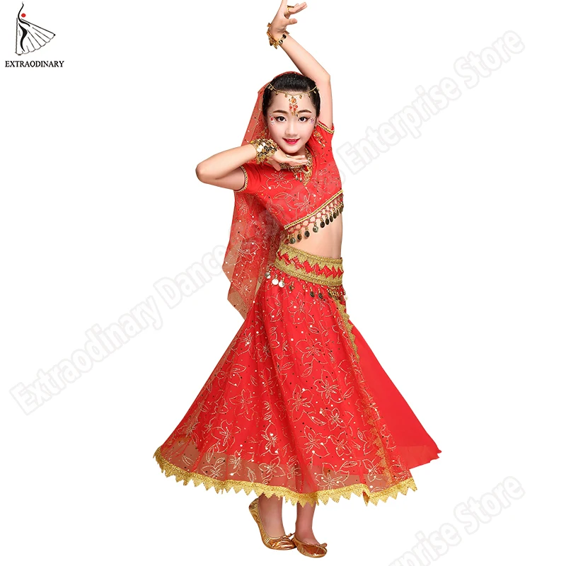 Belly Dance Costume Children Bollywood Dance Costumes Set Indian Bollywood Kids Dresses 5pcs (Headpieces Veil Top Belt Skirt)