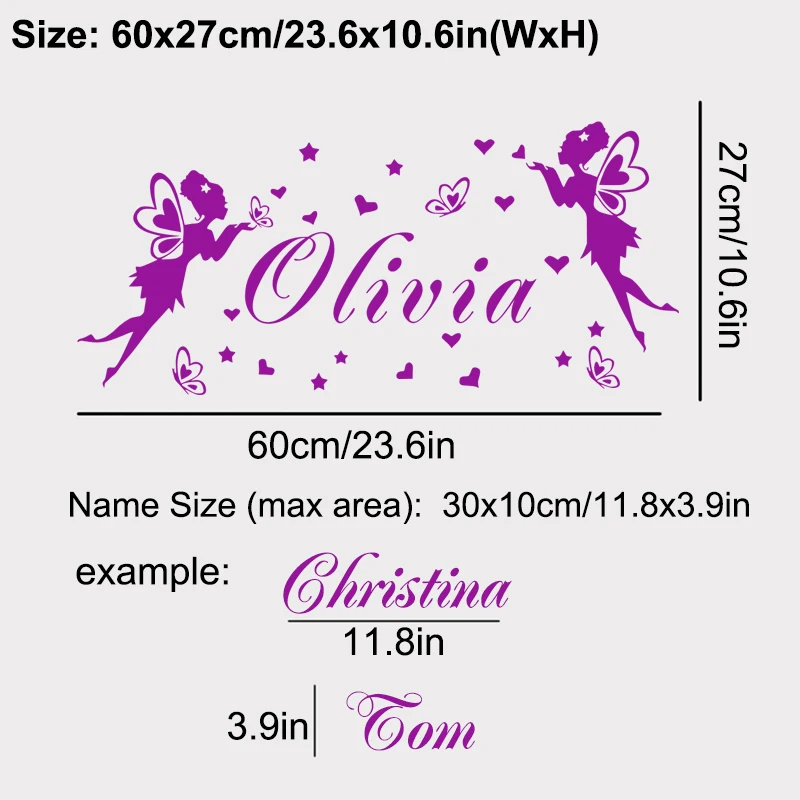 JJRUI Personalised Fairies Butterflies Any Name Vinyl Wall Sticker Art Decal Girls Home Decor Wall Stickers for Children Bedroom