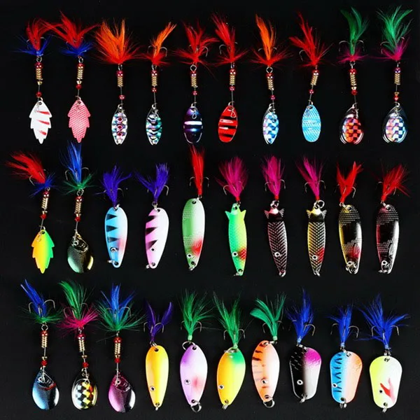 Lot 30pcs Mixed Metal Fishing Lures Spinner Spoon Baits Crankbait Assorted Fish Hooks Tackle