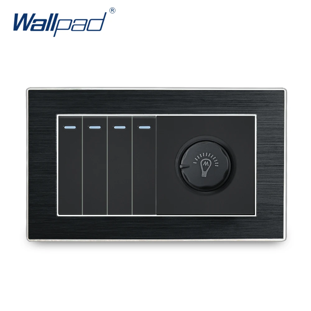 

4 Gang 2 Way and Dimmer Switch Wallpad Luxury Satin Metal Panel 110V-220V Rotary Dimmer Switch with Push Button Rocker Switch