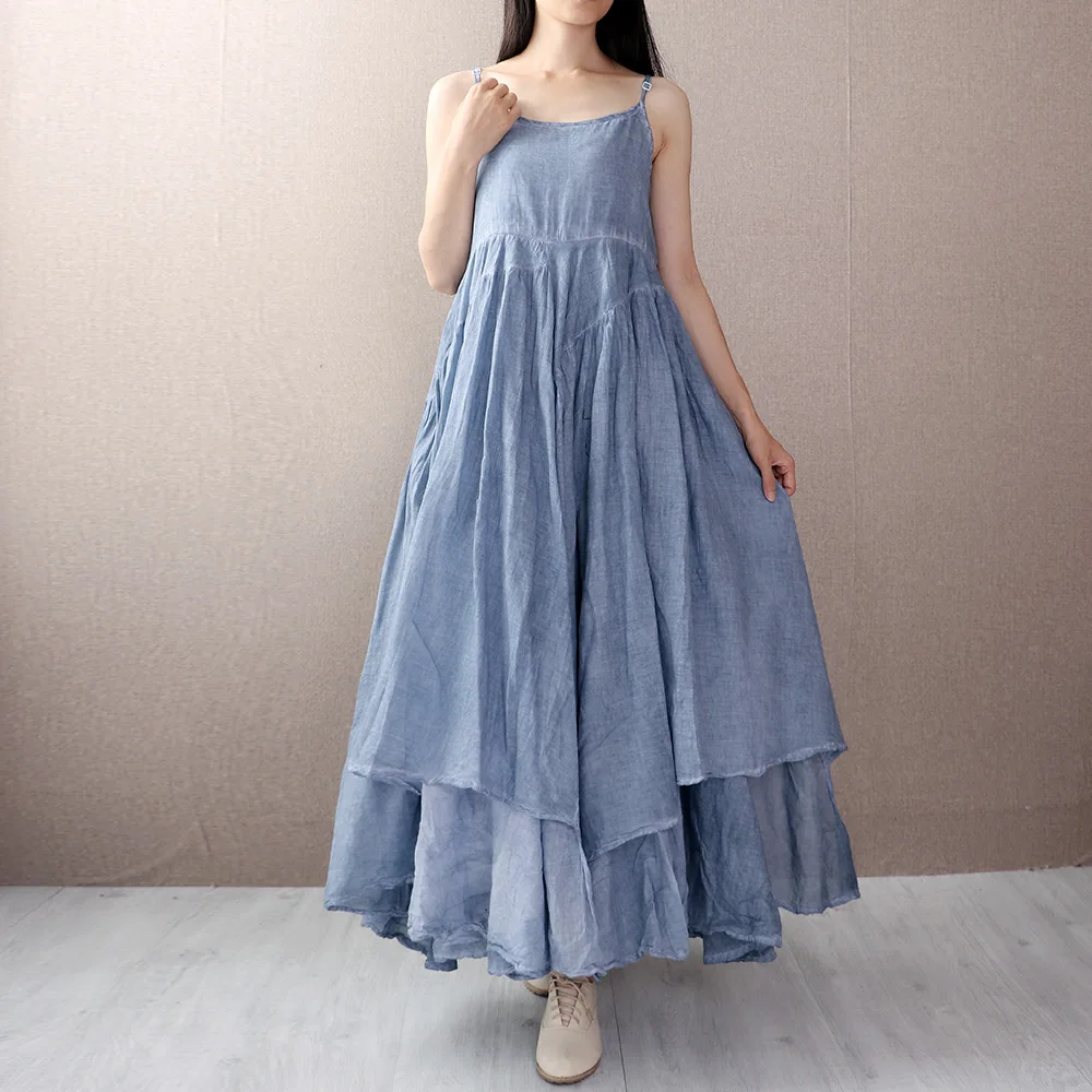Makuluya Bohemia High Quality Cotton Linen Sleeveless Strap Vest  Holiday Beach Long Dress Women Female Summer Spring Vintage L