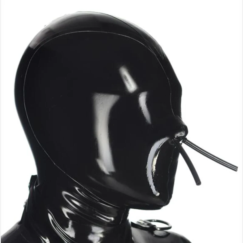 

handmade rubber latex sexy exotic lingerie black full face mask breath by nose tube hood hoods cekc zentai fetish