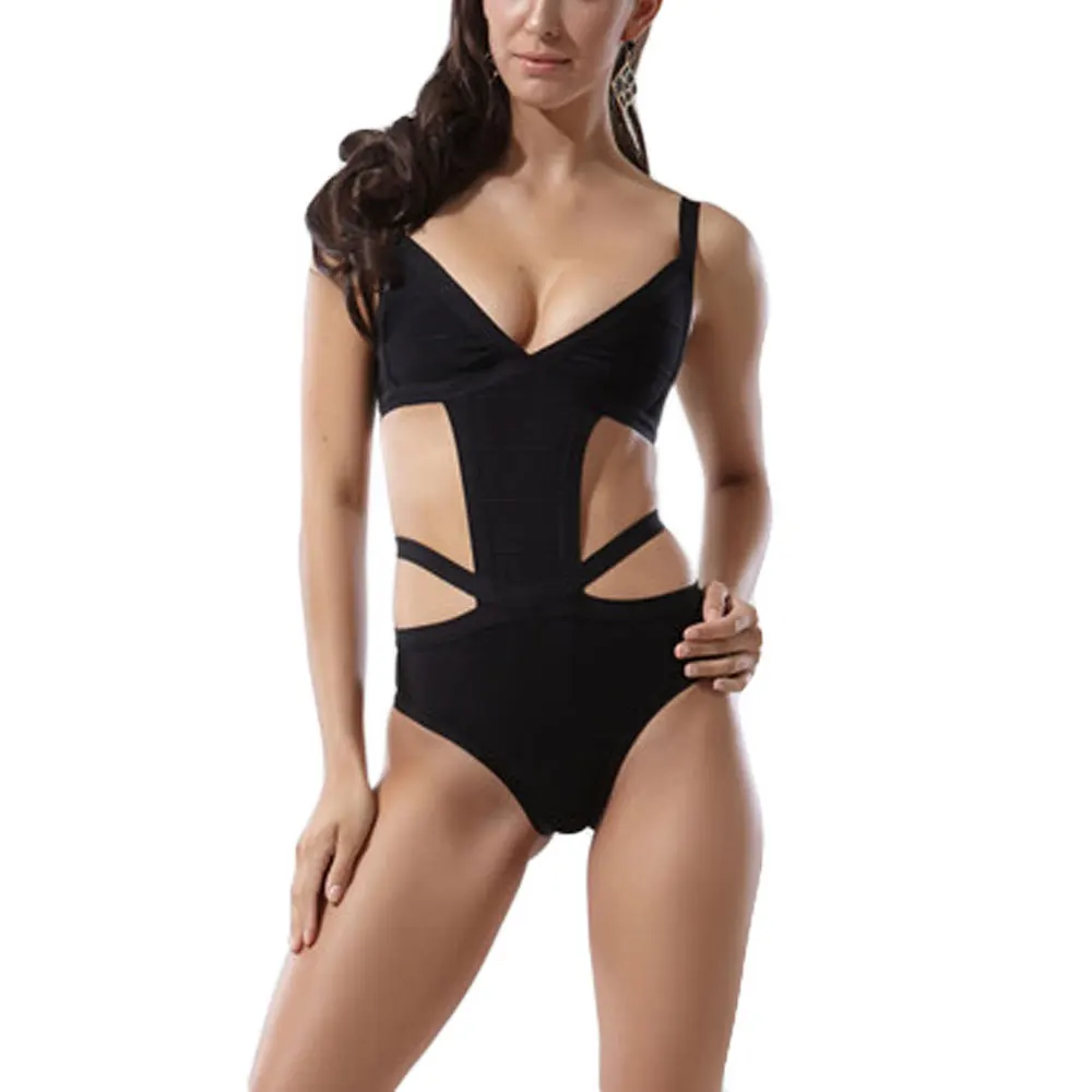 

black one piece spaghetti strap cut out 2018 newest sexy good quality rayon bandage swimsuit