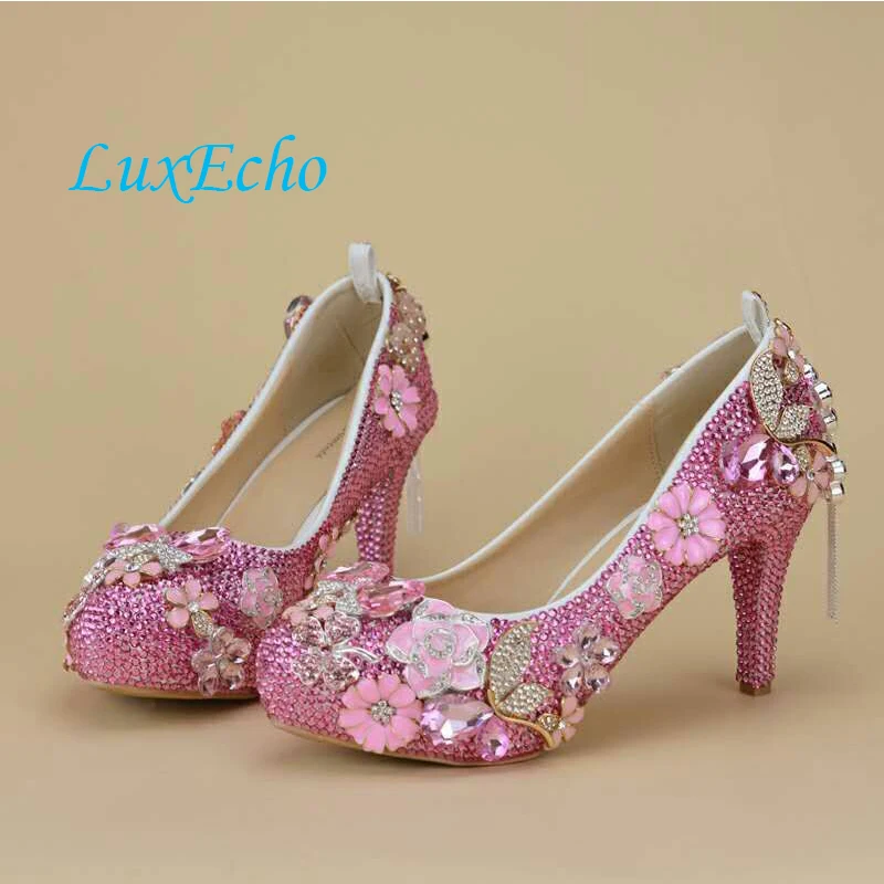 New arrival Luxury crystal bride shoes ankle strap party dress shoes Pink Rhinestone Princess Glass shoes Women Wedding shoes