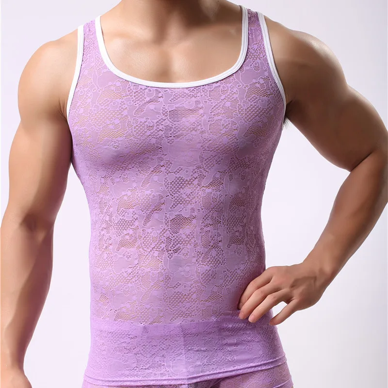 Sexy homens undershirts malha sexy topos camisetas transparente musculação gay masculino singlets rendas ver através de undershirts moda