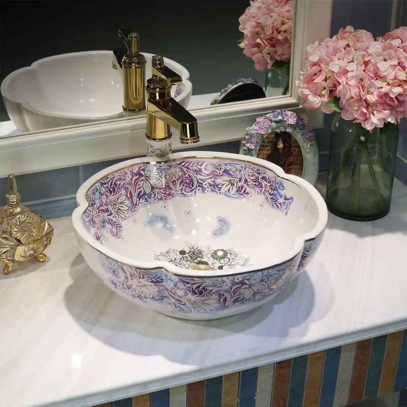 

Bathroom Lavabo Ceramic Counter top Basin Cloakroom Porcelain Vessel Sink ceramic vanity basin flower green